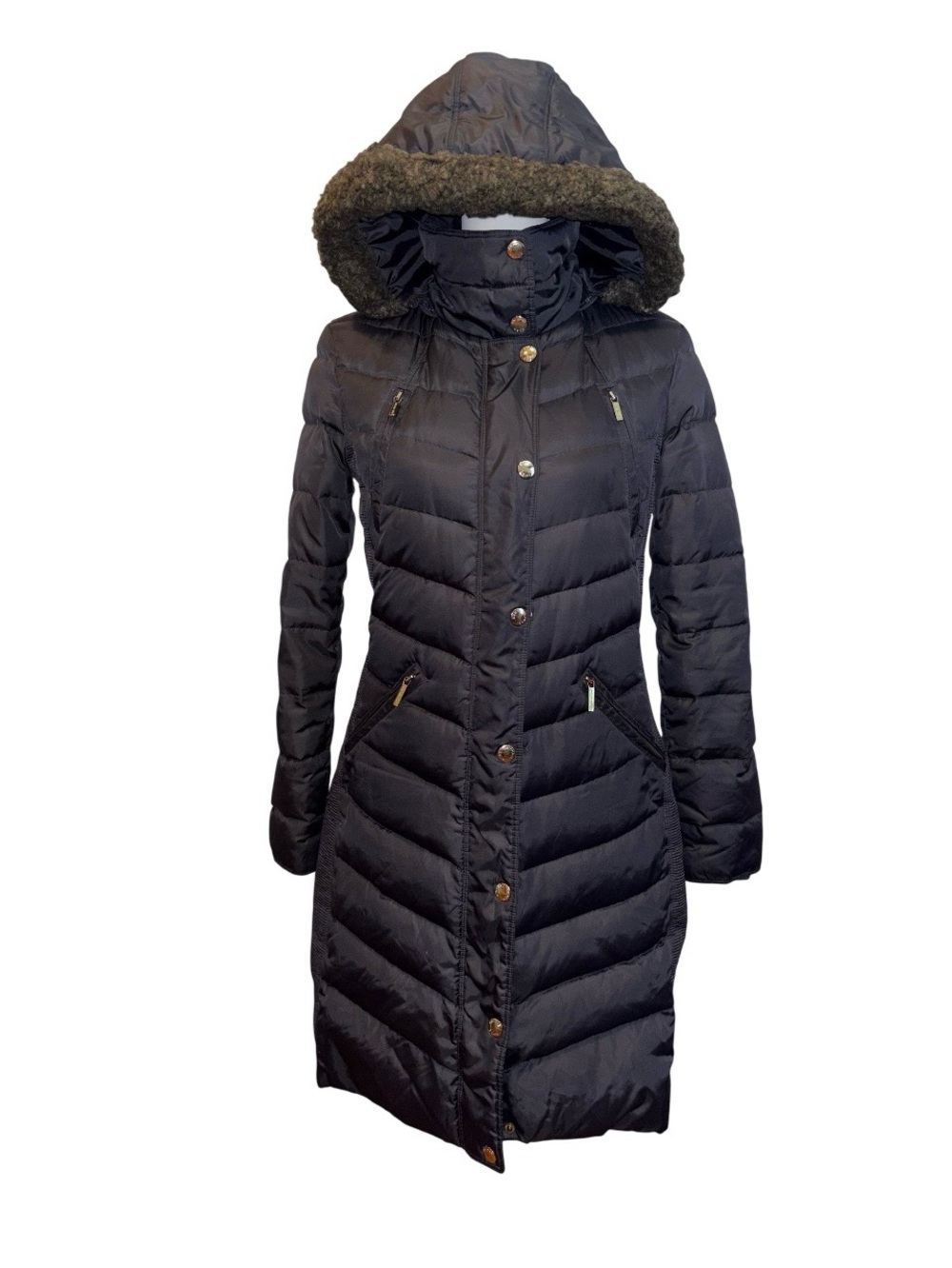 Michael Kors Womens gray Hooded Long Puffer Coat with Faux Fur Trim